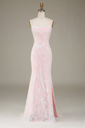 Sparkly Pink Spaghetti Straps Mermaid Long Prom Dress with Slit